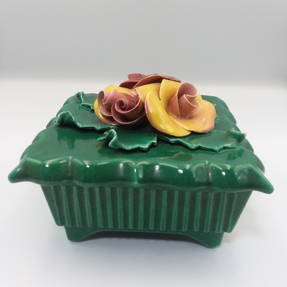 Vintage Brahm California Ceramic Trinket Box Rose Floral‎ Lid Green 475 *READ*